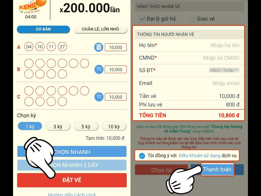 Chọn số và xác nhận mua Vietlott trong VTC Pay
