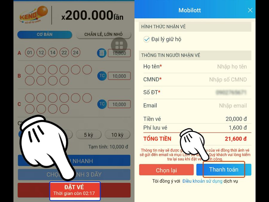 Xác nhận thanh toán vé Vietlott trong ứng dụng ZaloPay