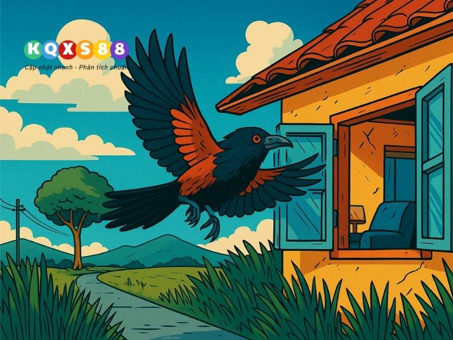 Chim bìm bịp bay ra khỏi cửa sổ một ngôi nhà